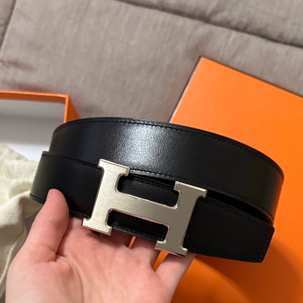 Hermes Black Belt with Silver H Buckle